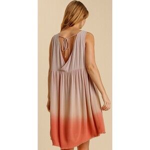 New GIGIO S M L pink dip dye V neck back w/ tie Dress Pockets Frayed Hem